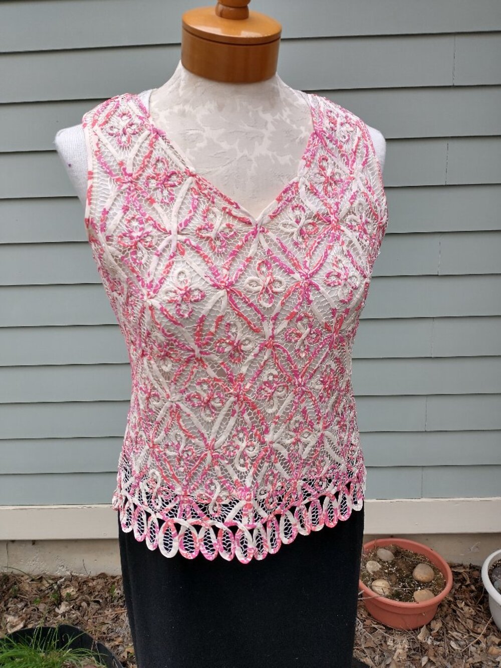 Top: beaded silk, pink/orange on white tank. Size small - by Sigrid Olsen
